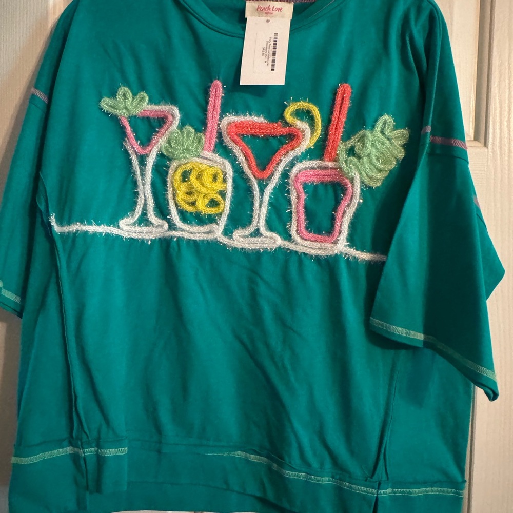 Teal Graphic T-Shirt with Cocktail Design